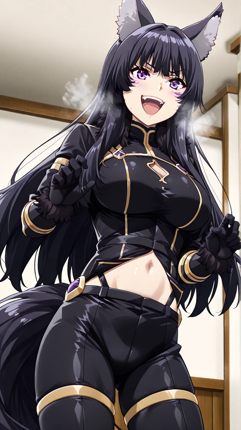 masterpiece, highest quality, delta, black hair, wolf ears, black bodysuit, cleavage cutout, gold trim, belly button, black pants, black gloves, fur trim, big breasts, crawl on all fours, from below, open your mouth, tooth, smile, looking at the viewer, forest, night sky