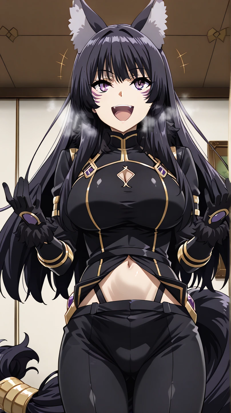 masterpiece, highest quality, delta, black hair, wolf ears, black bodysuit, cleavage cutout, gold trim, belly button, black pants, black gloves, fur trim, big breasts, crawl on all fours, from below, open your mouth, tooth, smile, looking at the viewer, forest, night sky
