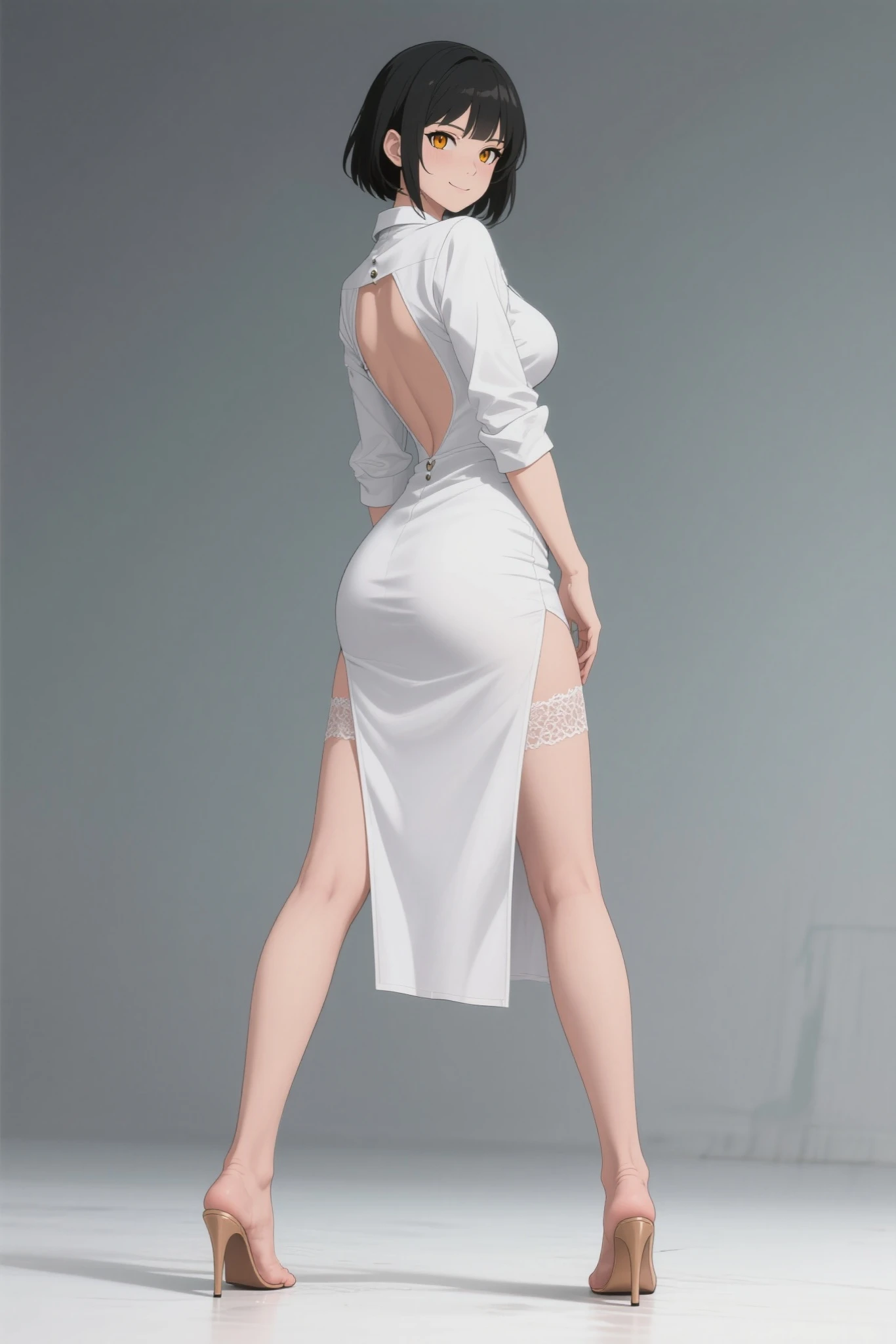 (back view),((ultra realistic illustration:1.2)), Tall, slender ((redhead)) woman of Irish descent. (pale:1.3)complexion. blue eyes, cute butt, nice legs. Kind eyes, cute smile, Mascara, eye shadow, blush, stylish party dress, necklace, stiletto heels. Masterpiece, best quality,(highly detailed:1.2),(detailed face and eyes:1.2), 8k wallpaper, natural lighting. core shadows, high contrast, bokeh.