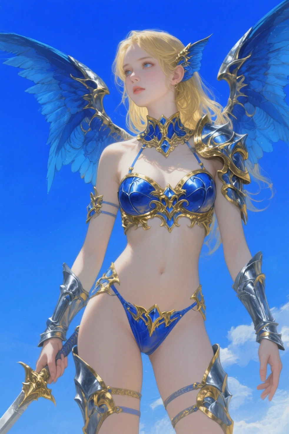 ((Medium Shot)),((West Shot)),((((Forward light)))(((front light))),((ass pov)),((((front lighting)))),(Photorealistic: 1.4), ((masterpiece, 美しくBig Breasts: 1.2)), Perfect proportions, Big Breasts, Narrow waist,,((Narrow waistと細い太もも)),(((Two blonde, blue-eyed European girls))),((Holding a long golden spear)),((Golden armor is worn on both thighs.)),((Smiling Girl)),((The big wings of the archangel)),((Equipped with a shield on the arm)),((Spread your big angel wings wide)), ((Saluting with a golden rifle)),((Front lighting)),((The body is naked)),((Equipped with a shield on the arm)), Ultra-realistic capture, Highly detailed, High resolution 16k close-up of human skin. Skin texture must be natural, ,((((Elegant nude elegant girl)))) ,((Slender naked)),((Two skinny naked girls of European descent)),(((A nude figure facing the viewer))),(((Small breasts and exposed genitals))),(Young girl exposes her genitals))),(((The thighs and head fit within the screen)),(((View from head to thigh))),((Beautiful and balanced body)),((Do not show anything below the thighs)),((bottomless)),((topless)),((The left and right arms and left and right thighs are equipped with golden armor.)),((ass pov)),(((from front))),(((cowboy shot))),(((standing pose))),photo realistic,master piece,((ultra detailed)),looking at viewer,smile,photorealistic,Shiny baby blonde silk hair,((She has a large hair ornament and golden armor on her belly.)),((Looking at the viewer from the front)), (((Young face and young body)),((Looking horizontally at the viewer)),(Exposing the viewer to full frontal nudity),((Face forward and look at the viewer at the same height)),((Show your naked body to the viewer with your hourglass figure)),(((Wearing a large golden hair ornament))),No underwear ,((((Naked elegant and graceful girl)))) ,((Naked from head to thighs))、((No underwear whatsoever))、((Head to knee nude shot)),((Beautiful hourglass figure)),((Wearing a cape)),((Beautiful style)),Beautiful and detailed character art, Very detailed, Girl in shiny armor, Beautiful white and shining skin, Unparalleled beauty, ((Shiny baby blonde silk hair)),Realistic, 3D Face,Shiny Hair, Glowing Skin,((Thin Hair,No makeup,Brilliant Light)),Fantasy,Beauty products,Very detailedな顔のテクスチャ女性,Soft natural light,Create a dreamy and magical atmosphere.