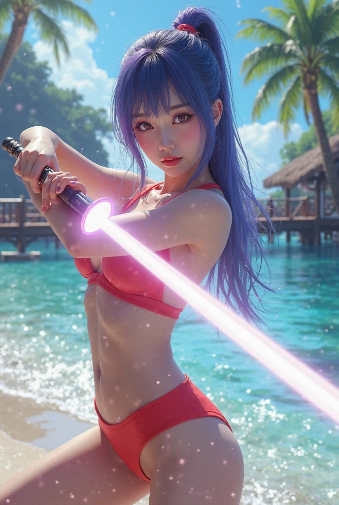 there is a woman in a bikini holding a baseball bat, nami from one piece, nami one piece, deviantart artstation cgscosiety, splashes of lightning behind her, epic digital art illustration, goddess of lightning, epic fantasy digital art style, epic fantasy digital art, 2. 5 d cgi anime fantasy artwork, mermaid cyborg with a laser whip, gorgeous young korean woman, inspired by Kim Deuk-sin, photo of slim girl model, sakimichan, thin waist, taejune kim, light purple hair
