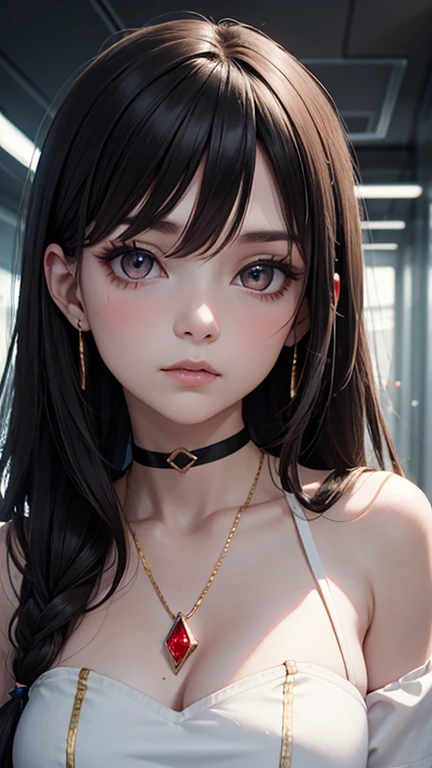 ((NSFW:1.4, masutepiece, Best Quality, hight resolution, nffsw, Perfect Pixel, depth of fields, 4K, nffsw, nffsw))), 1girl in, Single, Solo, Beautiful anime girl, Beautiful Art Style, Anime Character, ((Long hair, Bangs, dark brown hair, hair messy:1.6, Ponytail)), ((Detailed eyes, anime style eyes, Beautiful eyes, Sparkling eyes, Realistic eyes, Curly eyelashes)), ((Detailed face, Blushing:1.2)), ((Smooth texture:0.75, Realistic texture:0.5, Anime CG style)), ((medium breasts, cleavage)), Indoor, Bedroom, Dynamic Angle, busty, Perfect body, Dynamic Pose, Armpit, Hands up, ((Falling asleep in bed, Supine, sleepy, Open eyes, lyin in bed)), ((close up, POV, Cute, Shot in the face, The look of sighs, Awaken)), ((Purple Bra Color, Purple Lingerie, Single Diamond Necklace)), (Natural light, light reflections, morning)