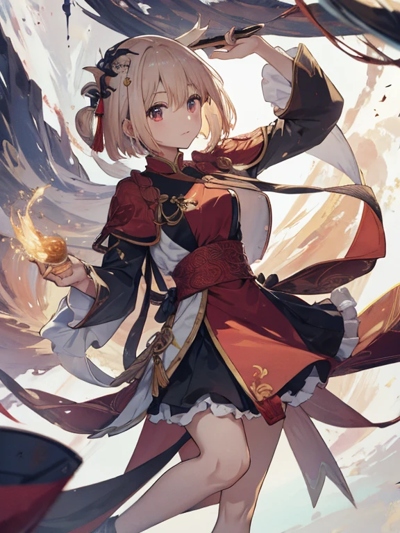masterpiece,best quality,highres,cinematic lighting,dramatic angle,1boy,<lora:ShadowverseLumioreV6:0.8:lbw=jiangshi3>,blonde hair,long hair,slit pupils, red eyes,horns,looking at viewer,gloves,scales,spikes,jewelry,single wing,wing,red china dress,capelet,streetscape,lamp,new year,festival,hair bun,braided,side ponytail,portrait,:d,cowboy shot,tail,fireworks,head tilt,shanghai city
