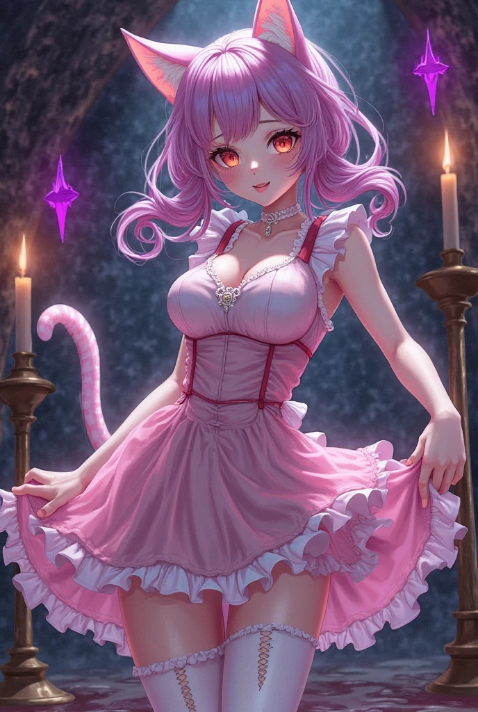 "(extremely detailed CG unity 8k wallpaper, masterpiece, best quality, ultra-detailed),(best illumination, best shadow, an extremely delicate and beautiful), floating, dynamic angle, a gorgeous cat girl with pink hair wearing a beautiful pink dress, a choker, a tail ornament, a tail bow, detached sleeves, gloves, and a cat tail with a tail bell, night, full moon, sexy pose, female, anthropomorphic cat