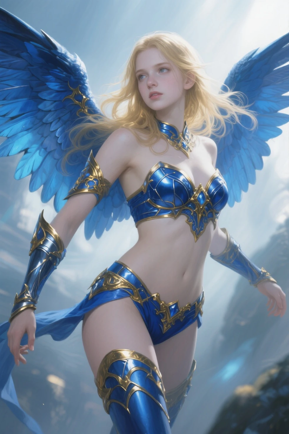 Super realistic,detailed skin,4k,no blur. Sweet beautiful slender teenager angel in full growth. A swimsuit with elements of armor,precise muscle features,and clearly drawn rectus and oblique muscles on the stomach. Fantastic background,precious stones on clothes,a laurel crown on the head,large powerful wings on the back. A clear,clear look into the camera with carefully drawn blue eyes. Bastard sword in hand,well-drawn fingers. Lace gold elements,satin velvet fabric. Epic,warm,cozy atmosphere. Long silky hair,blonde,