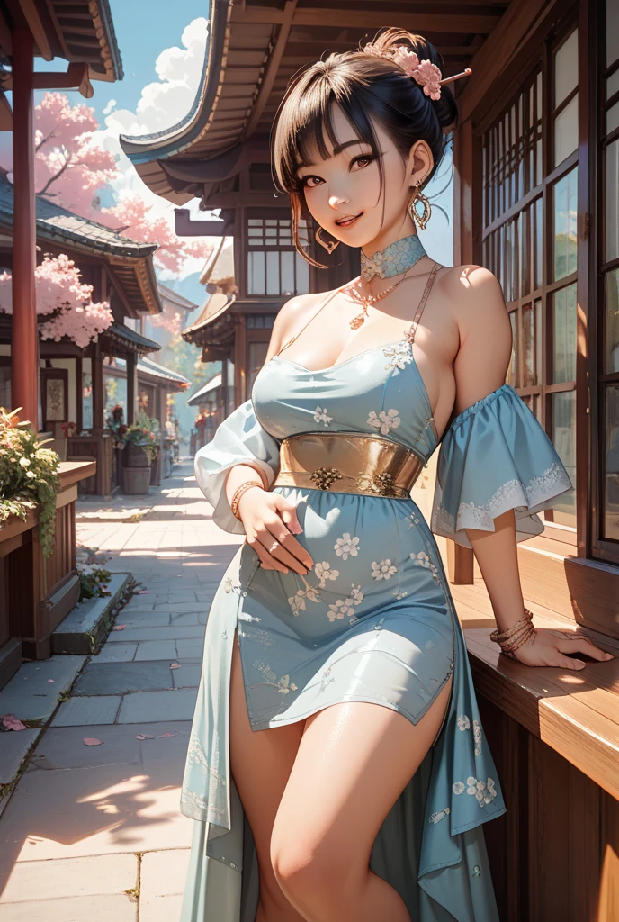 (best quality,4k,8k,highres,masterpiece:1.2),ultra-detailed, Japanese Goddess Amaterasu as a college student, Black hair, Blue with yellow accents, walking around college campus, smiling at viewer, undressing, breasts exposed, seducing viewer, HDR, 8k, absurdres, cinestill 800, sharp focus, add_detail:3