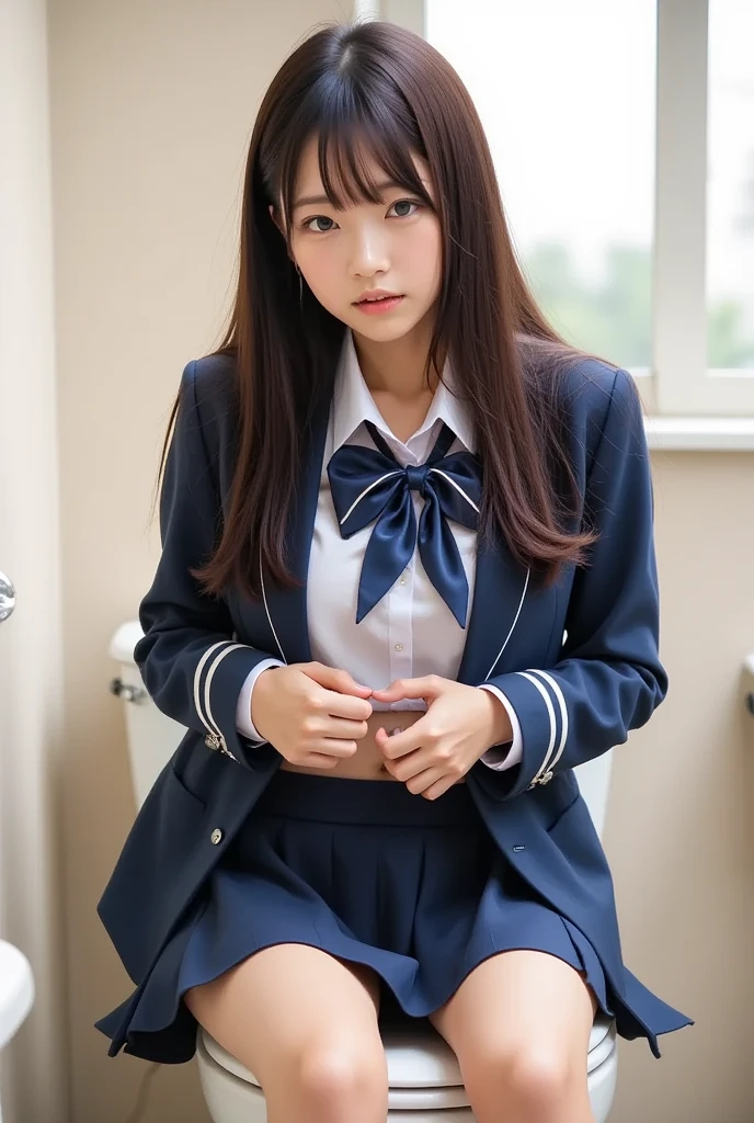 Professional, (4k photos:1.1) 、there is a woman in a suit and bow tie sitting on the floor, bent at the knees、Open your legs、Wear ultra-realistic pantyhose、Cute Schoolgirl, Seifuku, a hyperrealistic schoolgirl, in a strict suit, Smile of shame、Japan school uniform, School Girl, dressed as schoolgirl, japanese girl school uniform, Girl in suit