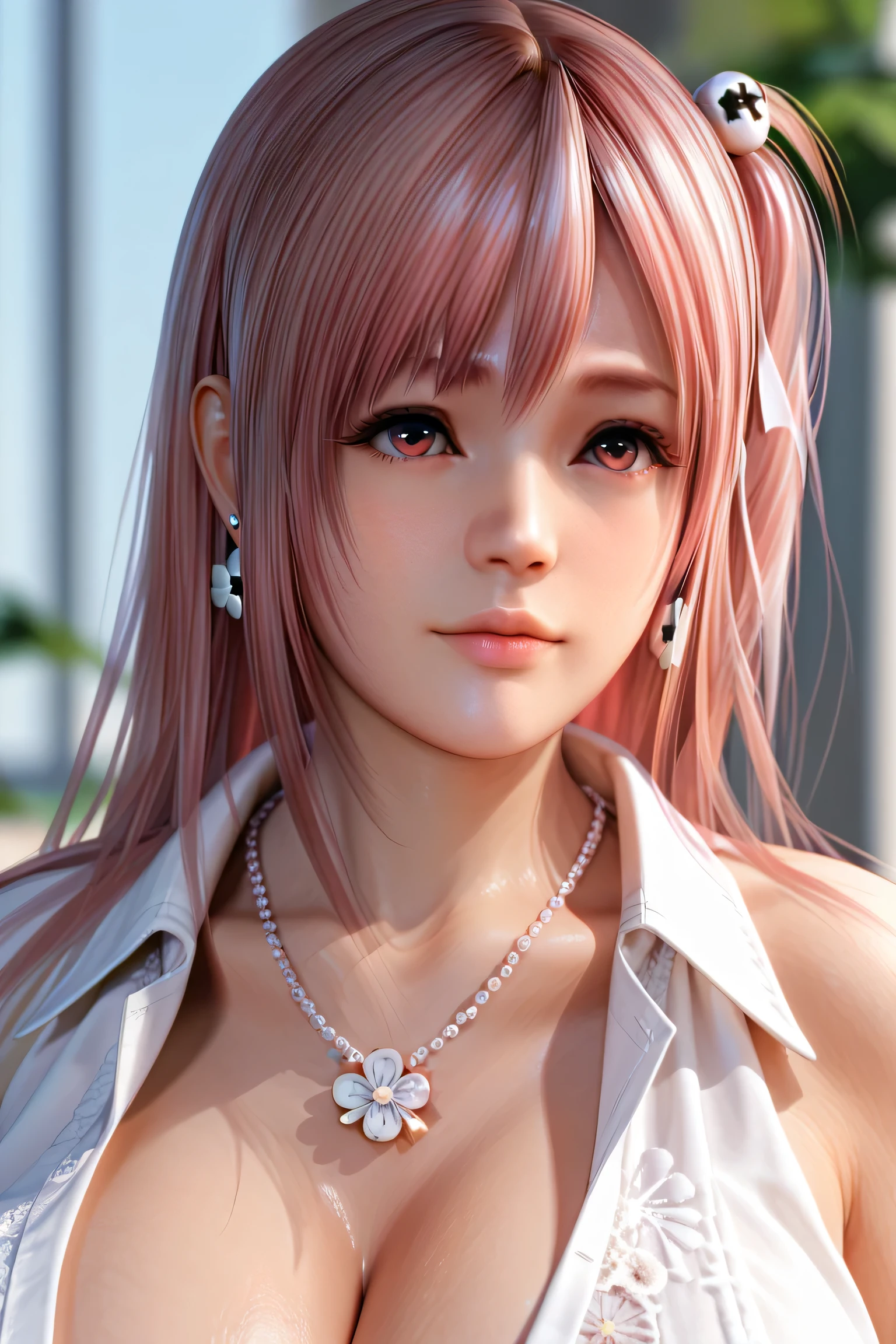 school girl, flower, earrings, necklace,huge breasts, honoka, pink hair, dead or alive, half body, close view, cowboy shots, 乳沟,低胸