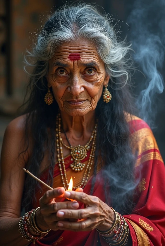 Indian yellow color hair grandma smoking in a street wearing red and orange color vibrant saree,She smoke long ciga,Somke comes out from the ciga is nicly flowing up,Her very long brown color water soaked weavy hair cascading front in her left shoulder and making nice weavy scene like brown stream flowing from her head and it is still wet as just in the shower without wipe out water,shining like mirror wet hair,That hair is like oil film is there in her hair,thatt much wetness, and hair is exacly super long spilling exactly in image prompt,she has co.bed her hair exacly in mage prompt,She wears red and orange color vibrant saree,Generate with strictly following and using exact detailing in image prompt and emhansing her hair wetness like pulpted with jeavy viscus fluid