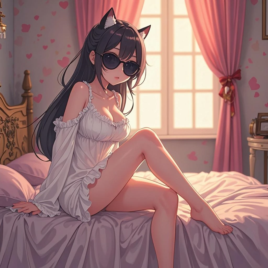 Real, 1girl, hair over one eye, parted lips, blush, makeup, light smile, pajamas, glow, thighs, red eyes, collarbone, narrow waist, sitting, kneeling, on all fours, bedroom, window, moon, side, (masterpiece), television, wallpaper, moonlight, underwear,, bed