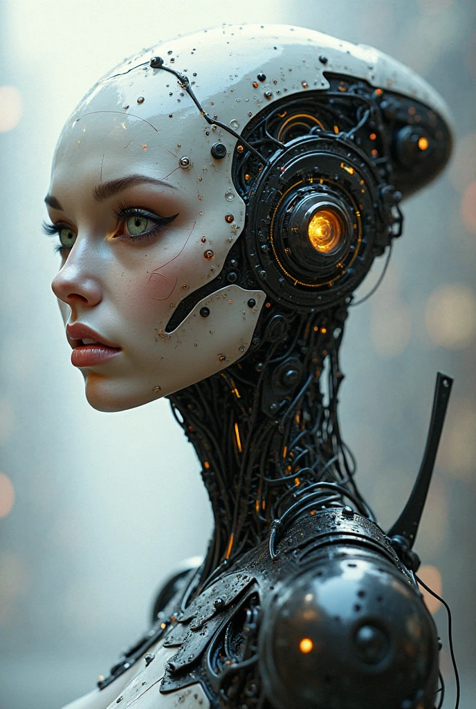 RAW photo, a cute girl made out of metal, cyborg, cyberpunk style, ((intricate details)), hdr, ((intricate details, hyperdetailed)), cinematic shot, vignette, (high detailed skin:1.2), 8k uhd, dslr, high quality, film grain, Fujifilm XT3