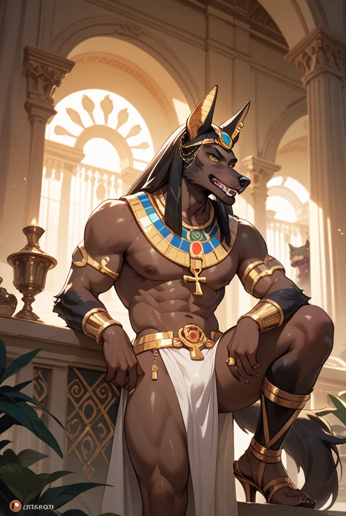 ((anime)), upload on e621, by Garmash,Ruan Jia, darkgem, anthro, male, ((( detailed fluffy fur))), ((sitting)), detailed realistic painting, (((biceped))), (((shaded))) extreme detail, ((anubis)),nude, presenting penis, canine penis, knot, yellow penis, black body, light particles