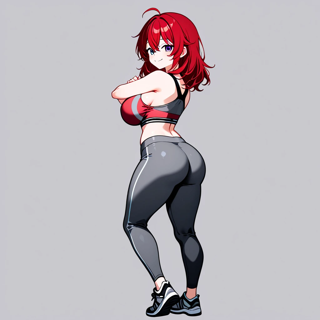 redhead, tanned skin, medium breasts, thick ass, black sports bra, black and white dolphin running shorts, black star shaped earrings, long ponytail