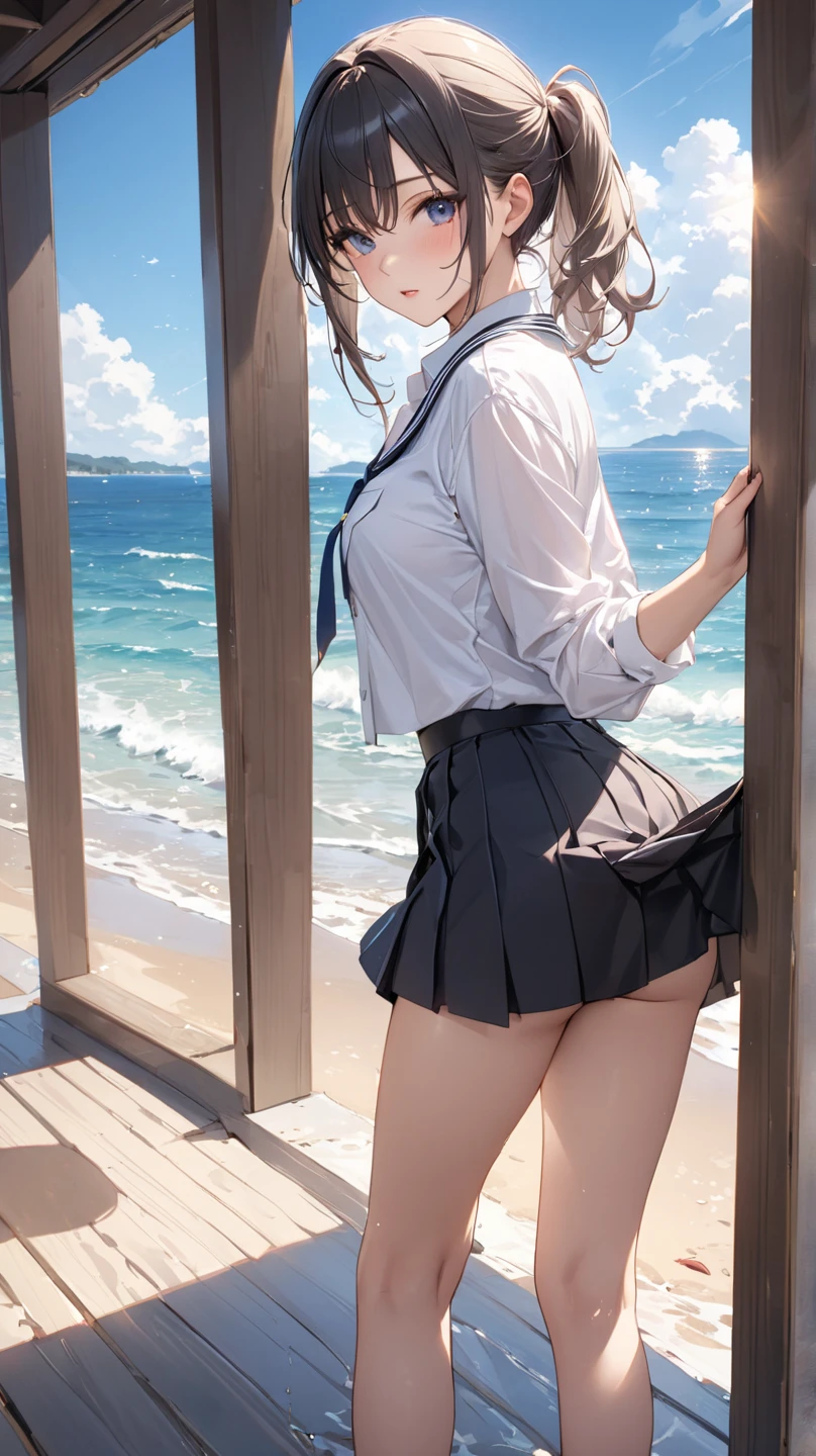 (((masterpiece, highest quality, High resolution, 超High resolution, Perfect Pixel, Depth of written boundary, 4K, RTTX 10.0))), Beautiful Anime Woman, Beautiful art style, Anime characters, ((Smooth texture, Realistic texture, Anime CG Style)), Exact finger count、Exact number of legs、(Exact number of arms:1.0, Exact number of hands:1.0), (Perfect hands, Perfect Anatomy.1.5), Cinematic, Realistic, Extremely detailed CG, Daytime lighting, Perfect lighting, Best Shadow, The best natural light, whole body, Perfectly balanced style, A perfectly balanced body, Slender body, whole body, ((bangs, Dark brown hair, Stylish and cute ponytail)), (A woman wearing a cute sailor uniform is climbing the stairs:1.5), (Sticking out her butt:1.6), (Fashionable white shirt, Sailor collar, Navy blue sailor suit, Knee-high socks, Navy pleated mini skirt:1.3), (Sexy and cute panties, (Stylish shiny white satin small panties:1.3):1.3), (Embarrassing, (blush:1.2), (Embarrassed look:1.3), (Stairs in the city:1.3), (Angle from the rear, Angle 1 focusing on the buttocks.4)