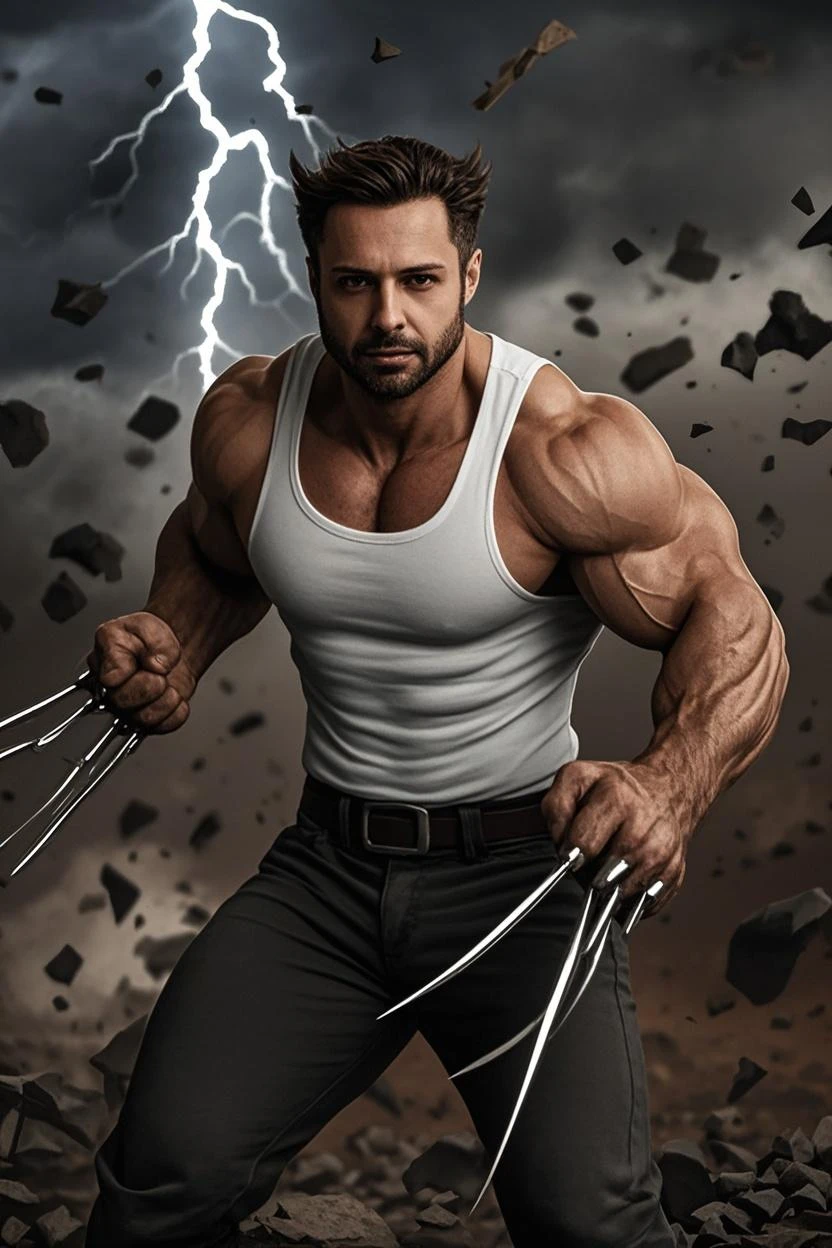 (8k, foto RAW, melhor qualidade, obra-prima: 1.2), ultra detalhado, arte oficial, foto-realista: 1.37, parte superior do corpo tiro, Wolverine , film grain, Action Pose