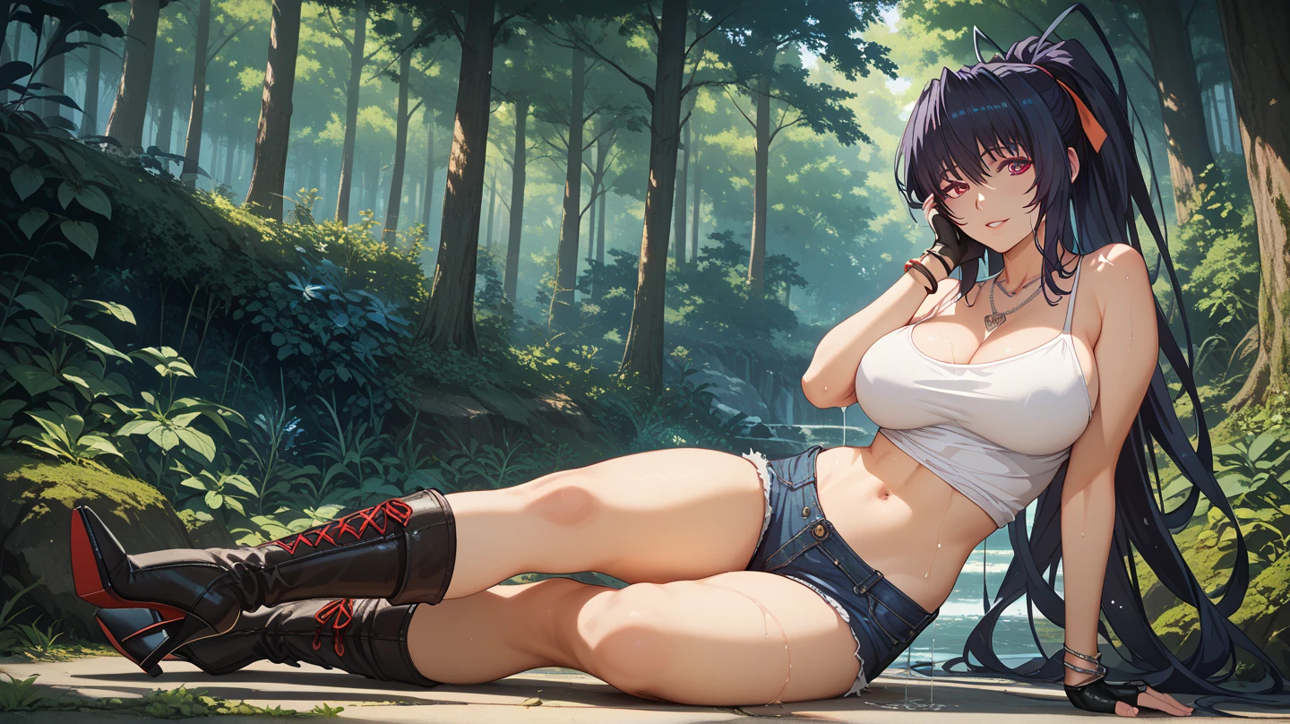 (masterpiece), best quality, expressive eyes, perfect face, Scenery Dark Woods, Zombie woman, unzipped shorts, high heels, ripped Tank top, no bra, dark skin, open wounds, blood on body, evil grin, tanned, shemale, view from above, hard nipples 