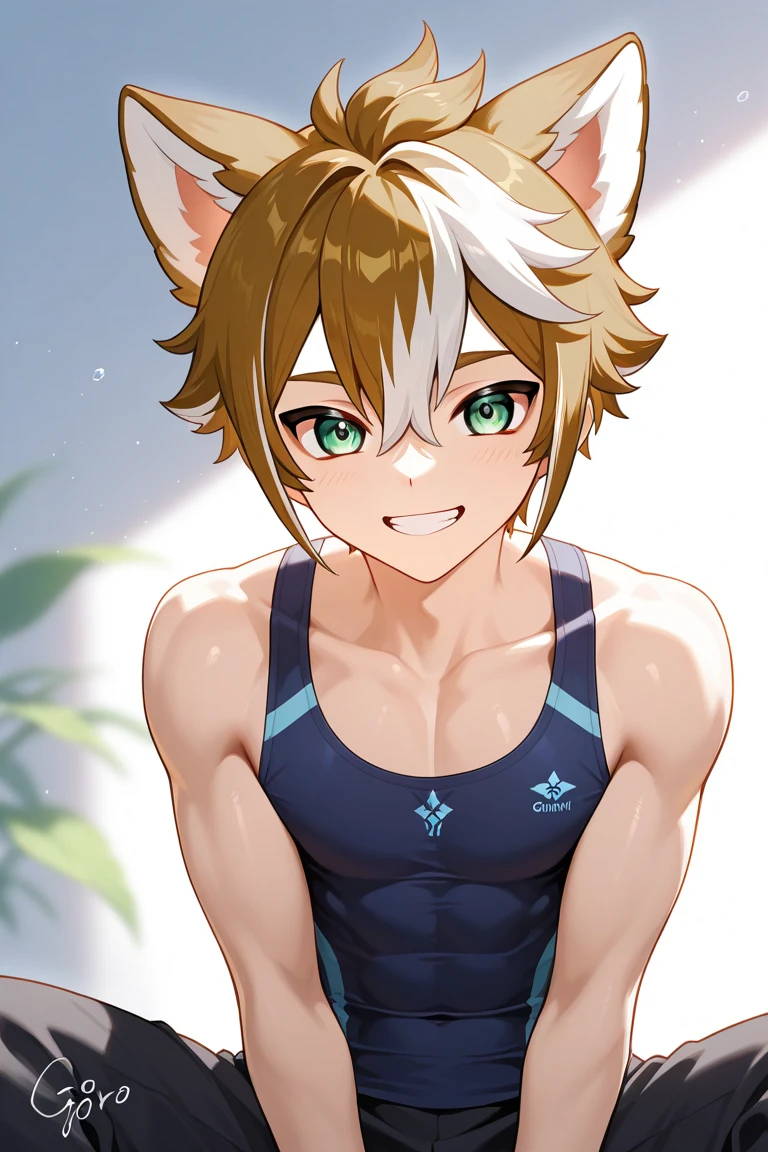 Colorful ic0n icons, ik1, 1 boy, brown hair, Cat ear, cartoon bones, Shining eyes, Excited, Well-defined abs, sweat, (12 years old), outdoor