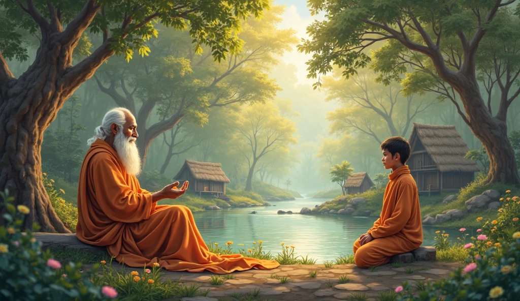 Old monk master sitting with his young monk master beside riverbank and master monk telling story to student, trees, beautiful scenario, in anime style,