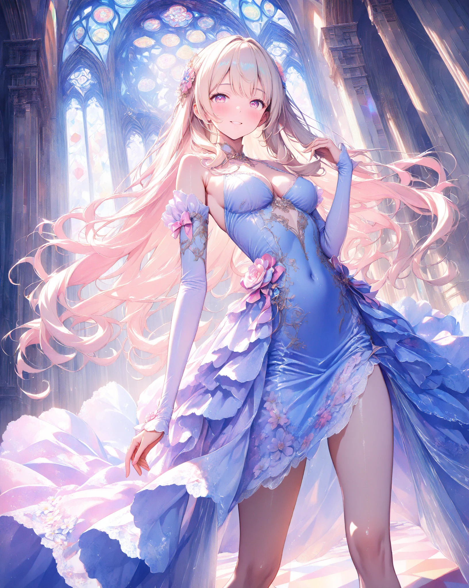 ahri \(league of legends\), (very detailed background:1.0), (highly detailed background:1.0), masterpiece, best quality, (1girl), solo, (girl:1.2), (happy),long hair, blonde hair, open arms, flower field, flowers:2, motion blur, roses, tulipss, (summer:1.2), chromatic aberration, depth of field, soft lighting, highly detailed face, highly detailed eyes, smile, (flower pettals falling)