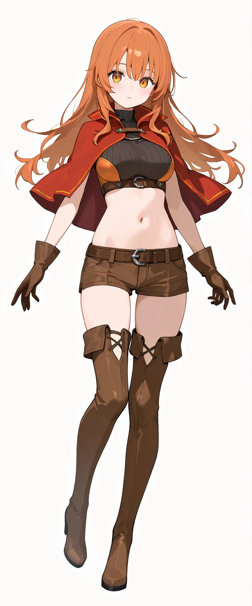 score_5_up, score_6_up, simple background,
1girl, solo, wearing (shorts, crop top, capelet, thigh boots, brown gloves),black oranges metal iron element, long hair, breasts, simple background, white background, ((Knee-deep full body in view))