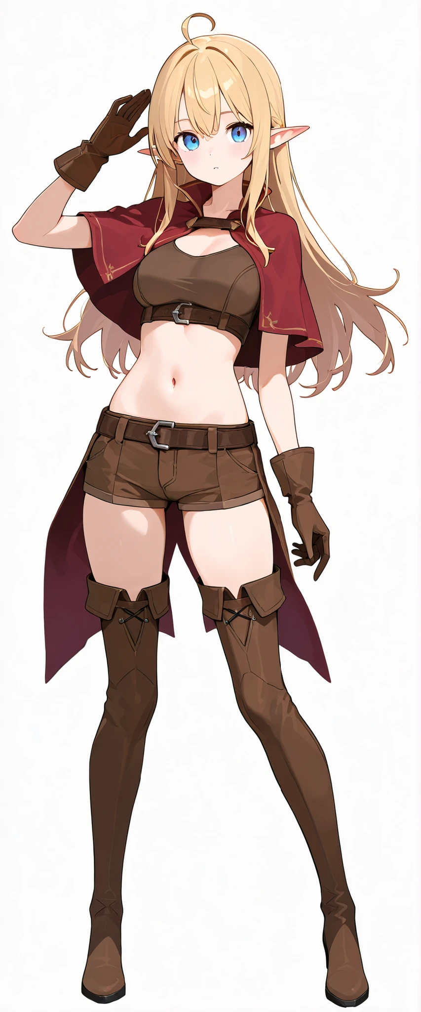 score_5_up, score_6_up, simple background,
1girl, solo, wearing (shorts, crop top, capelet, thigh boots, brown gloves), pointy ears, long hair, breasts, simple background, white background, ((Knee-deep full body in view))