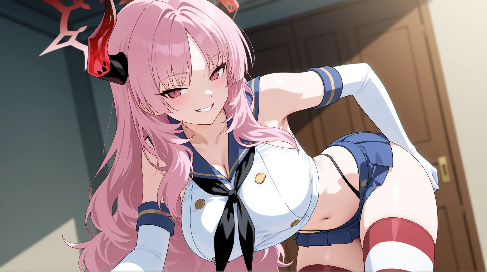 nsfw, 1 girl, game CG, topless white dress, visible cleavage, visible shoulders, short white skirt, small white beret, jewel pendant, black panties with string, gigantic breasts, pink hair, long hair, straight hair, princess hairstyle, ahoge, pink eyes, 1boy, paizuri, fellatio, breast squeeze,penis, from the side