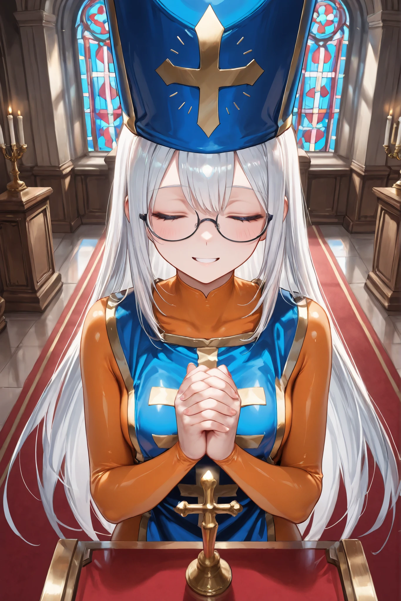 ((Masterpiece)),((best quality)),((incredibly absurdres)),((8K)),(semi realistic),
1 girl,young female,aged up,kawaii,white hair,long hair,straight hair,blue eyes,small breasts,
((black eyewear)),bodysuit,orange bodysuit,blue tabard,mitre,
smile,(closed eyes:1.2),parted lips,look at viewer,
standing,own hands clasped,praying,
divine church,glass,red carpet,candlestick,Light is shining from above,stained glass background,
upper body,pov across lectern,