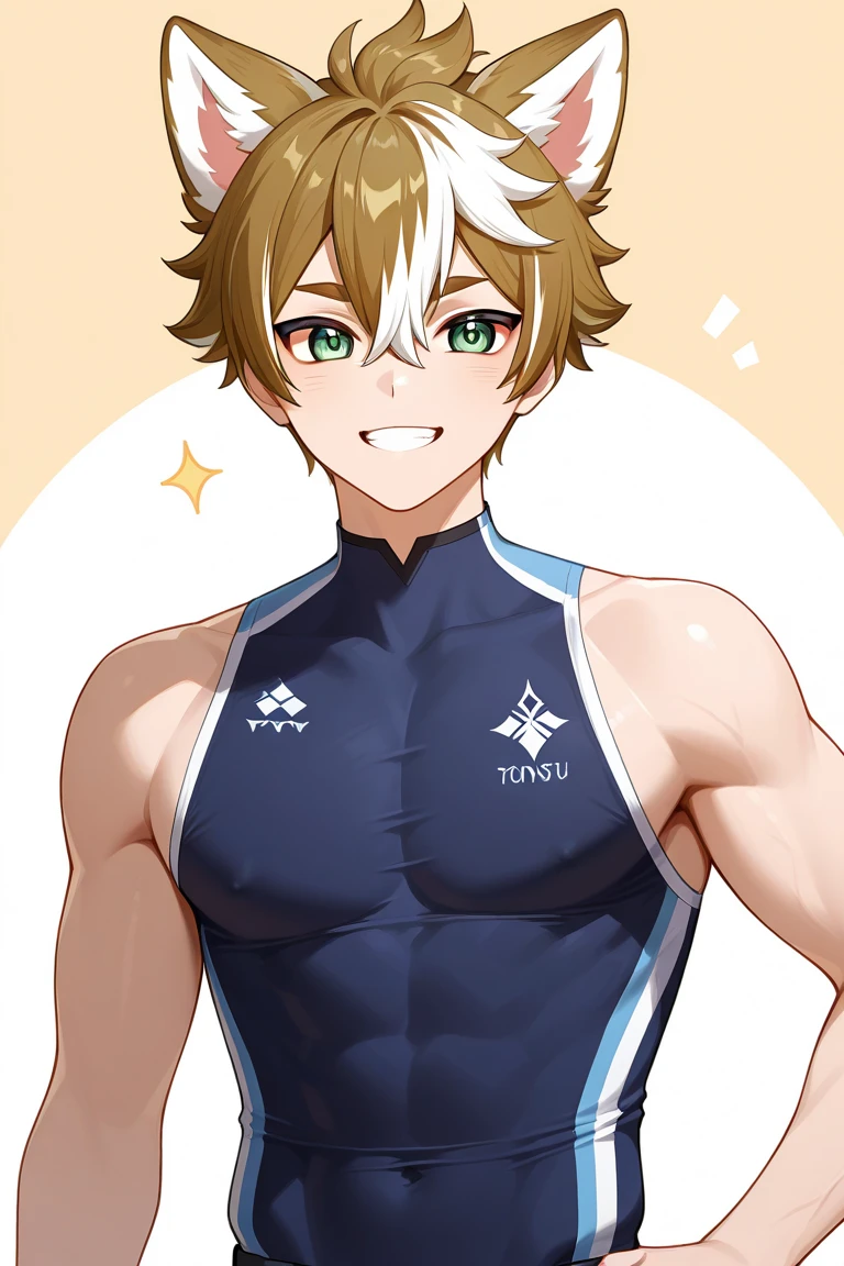 Cartoon photo of man in swimsuit posing, Short blonde boy, Boy with Golden Eyes, garments:High-cut swimwear, In a one-piece swimsuit, wearing a swimming wear, Competitive swimsuit, Wearing swimwear, Wet swimsuit, Ahoge, Cool anime boy in black and gold tanksuit, highleg, Swimsuit, aya takano color style,