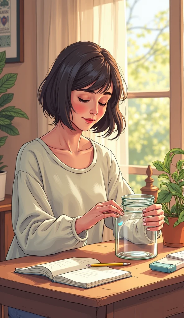 A town young big girl with specs and tied hair in a ponytail wearing white tshirt and mini skirt. She place the jar filled with water on her windowsill where it would get plenty of sunlight.