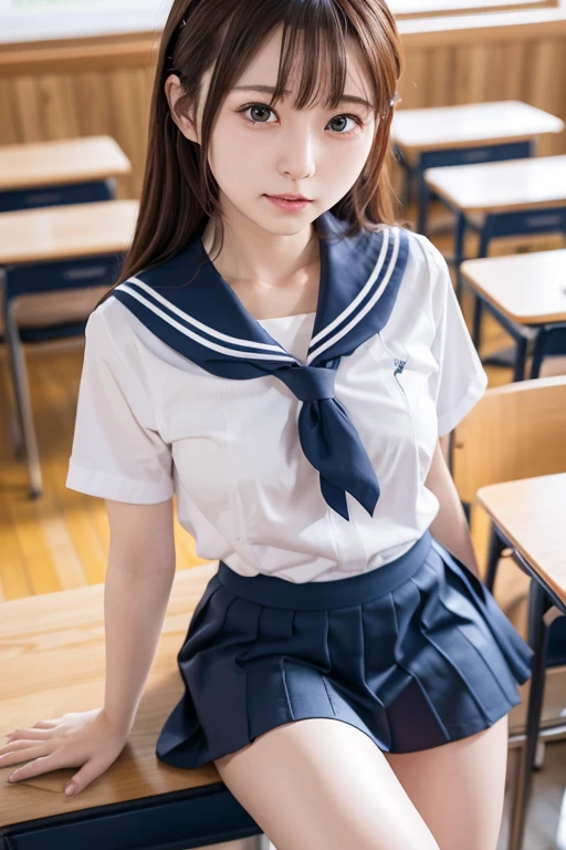 (masterpiece, Highest quality:1.2), 8K, Young and beautiful girl, 85mm,Official AR RAW Photos, Baby Face、Big Breasts、(((Please show me only one breast))), Show me your ears、photo shoot, Cute face, Thighs, Classroom after school, Looking at the audience, Embarrassing、smile、 compensate, Film Grain, chromatic aberration, Sharp focus, Face Light, Bright lighting, 10 generations, Detailed face, Background Blur、((((((15-year-old high school girl))))))、Tight waist、Sailor suit、Dark blue skirt、White tiny panties