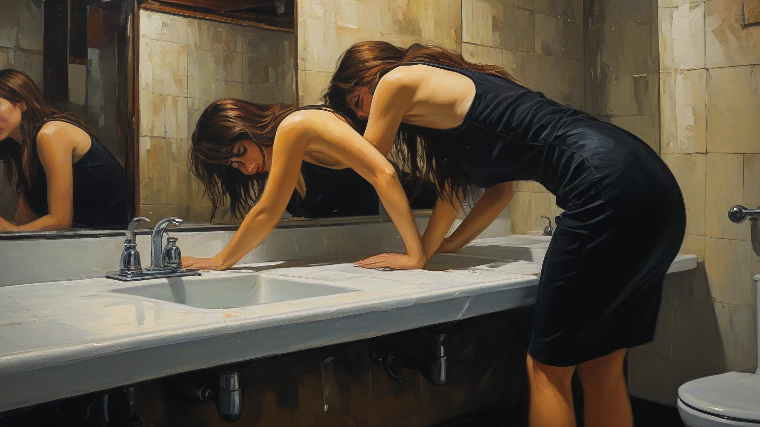 painting of a beautiful short hair skinny fashion model nude sitting seen from behind on the toilet seat
