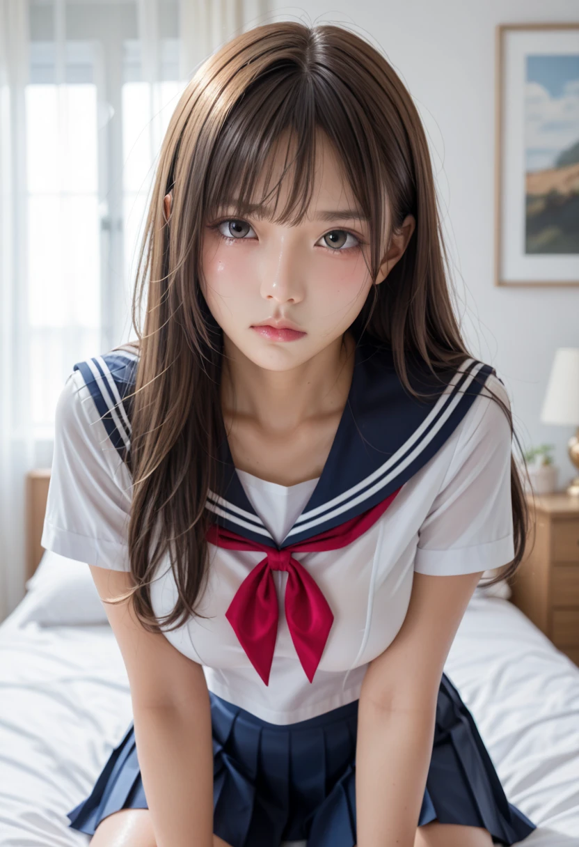 ((Lie down in bed, Spread your legs wide:1.1, Lying on your back)), ((From above)), beautiful girl, high school girl, Short Hair, Baby Face:1.2, Beautiful breasts, Cute face, Narrow waist, (((School-designated sailor uniform))), Panty shot, Sexy shot, Beautiful crotch and slender body line, Small and slender figure, (Detailed eyes and face, Professional photography techniques), (Perfect Anatomy:1.3), (Highest quality, 8K, masterpiece:1.2, RAW Photos), (Gaze at the viewer, Sexy expression:1.2, blush)