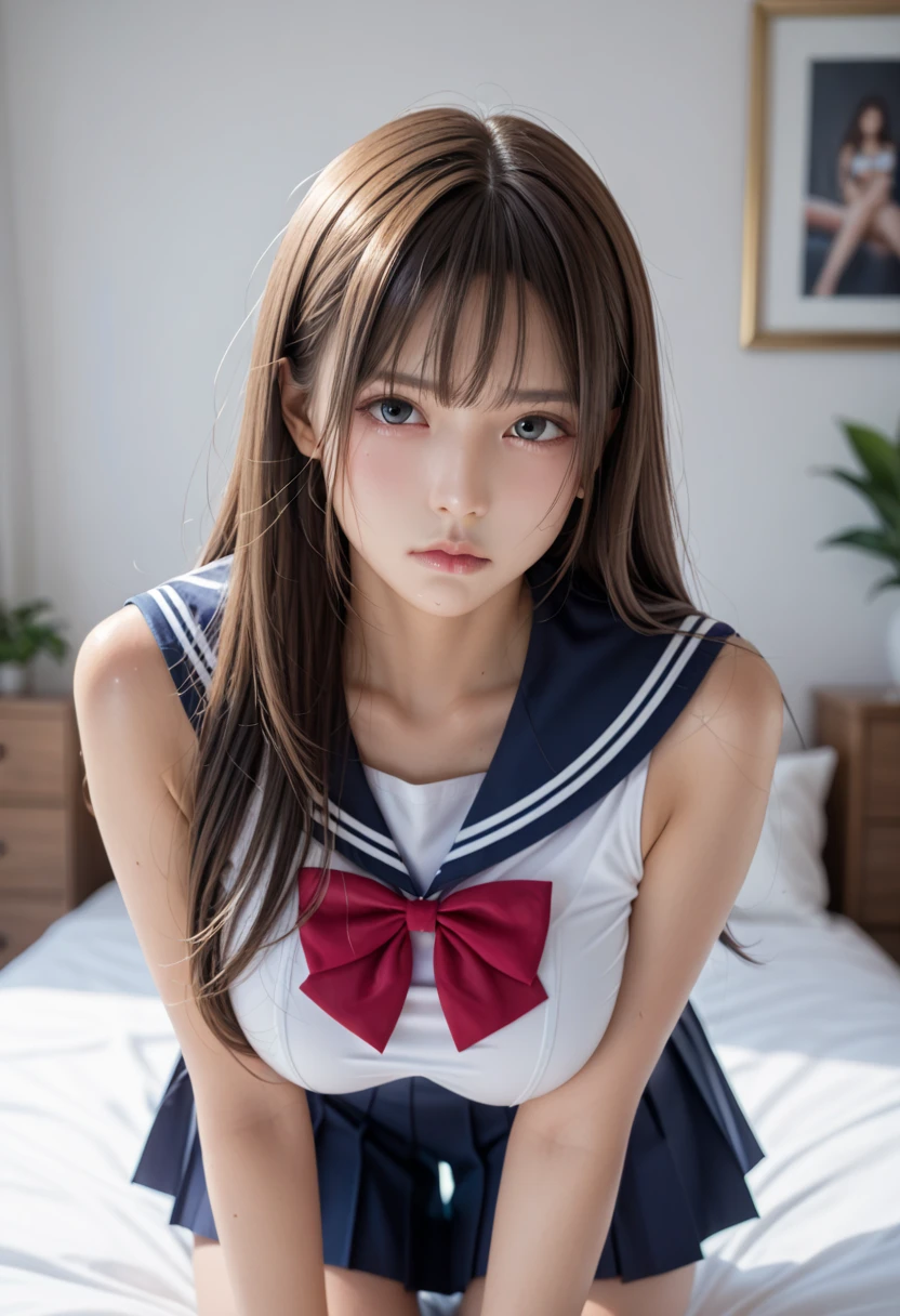 (highest quality,masterpiece:1.3,Ultra-high resolution),(Very detailed、Caustics) (Realistic:1.4, RAW shooting、)Ultra-Realistic Capture、Very detailed、Natural skin texture、masterpiece、(One Japanese girl wearing a junior high school sailor uniform:1.3)、Adorable expression、Expressions of Happiness、14 years old、Young Face、Amazingly cute、Twin tails、Curly Hair、Black Hair、Scrunchie、necklace、Bare arms、light makeup、G-cup breasts、Shining Breasts、Shining thighs、Filmed in a private room at a sex shop、The scene when he entered the room、A pose that emphasizes the chest、smile、An inviting gaze、Full body photography、Anatomically correct、Attention to detail、