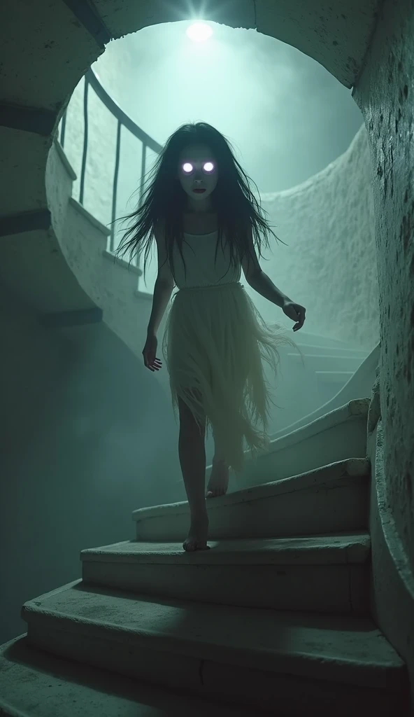 horror art, dread, Best quality, masterpiece, ultra high res, (photorealistic:1.4), Action shot of terrifying ghost chasing after the viewer, dynamic running, in a decrepit underground tunnel in Hell, creepy, white dress, unnerving, unsettling, terrifying, 80mm, horror lighting, dynamic action