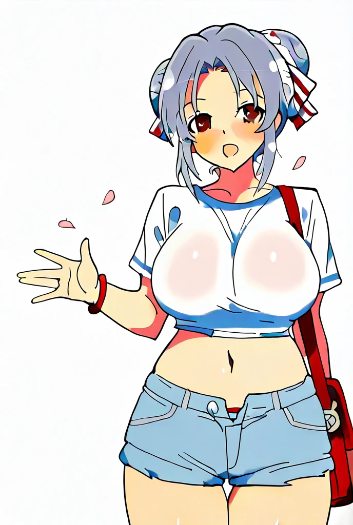 masterpiece, best quality, 1girl, (topless:1.3), nipples, (Thick body:0.8), sexy pose, (Colored pattern hotpants:1.2),