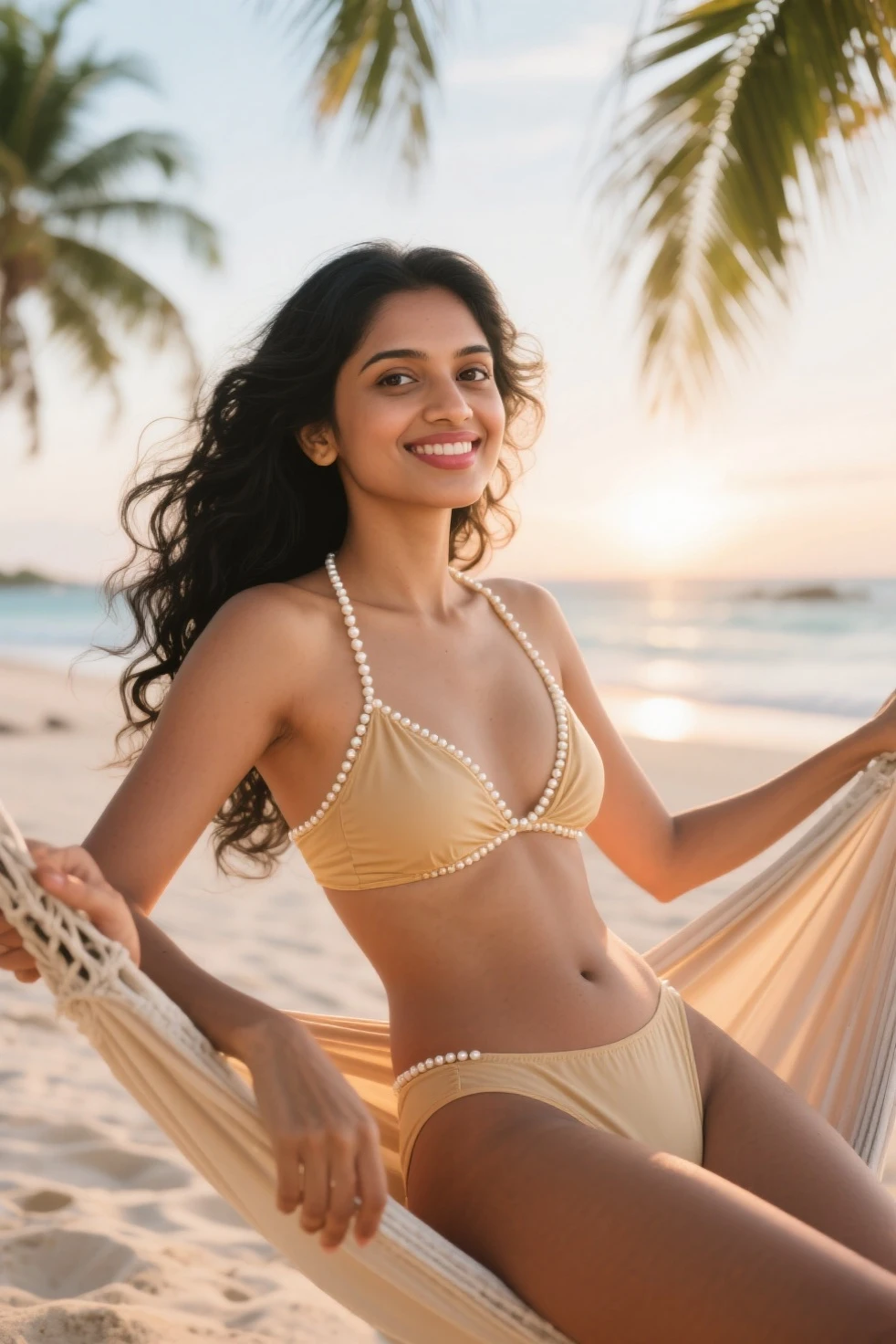 young Indian girl, fair complexion, 18-year-old, detailed hands, palms, laughing and happy, beach, moon light, night time realistic skin , ultra hd photo, girl is happy face , cinimaticc pose , full body picture, pose flawless complexion, top-notch 3D rendering, hyper-realistic, shot on beach,. photorealistic digital art trending on Artstation 8k HD high definition detailed realistic, detailed, skin texture, hyper detailed, realistic skin high resolution, detailed, raw photo, 400 camera f1.6 lens rich colors hyper realistic lifelike texture
