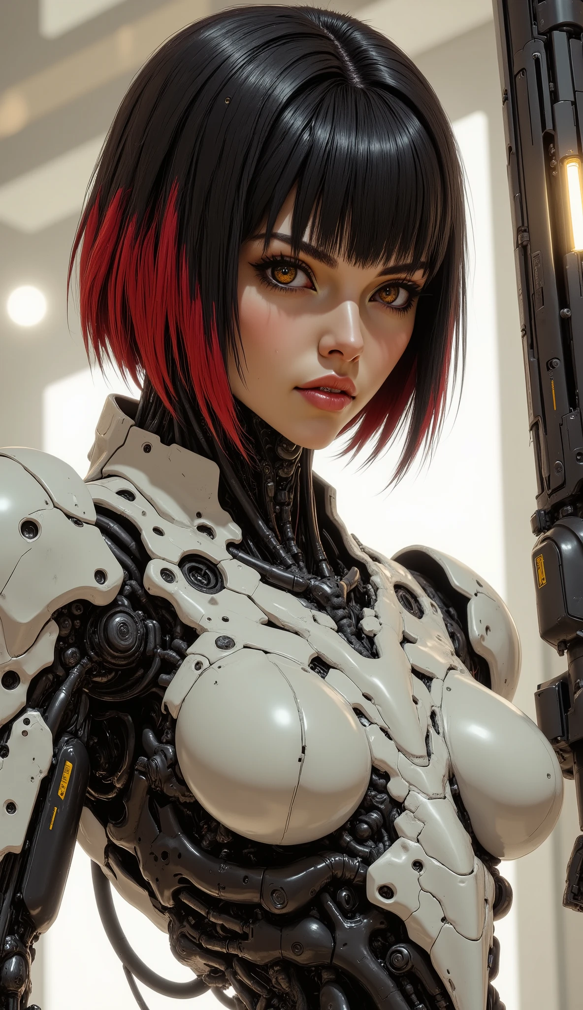 masterpiece, best quality, good quality, very aesthetic, absurdres, newest, 8K, depth of field, focused subject, dynamic angle, side view, from above, action shot, realistic android woman, gradient red black hair, glowing hair, highly detailed, gazing at the viewer, clean visible face, clean white rectangular ceramic material and mechanical parts, one eye has mechanical enhancements, servos, wires, exposed circuits, skin, holding giant gun, (futuristic fractal shaped artemis station in background white wall), Sci-fi an, full body portrait, full body