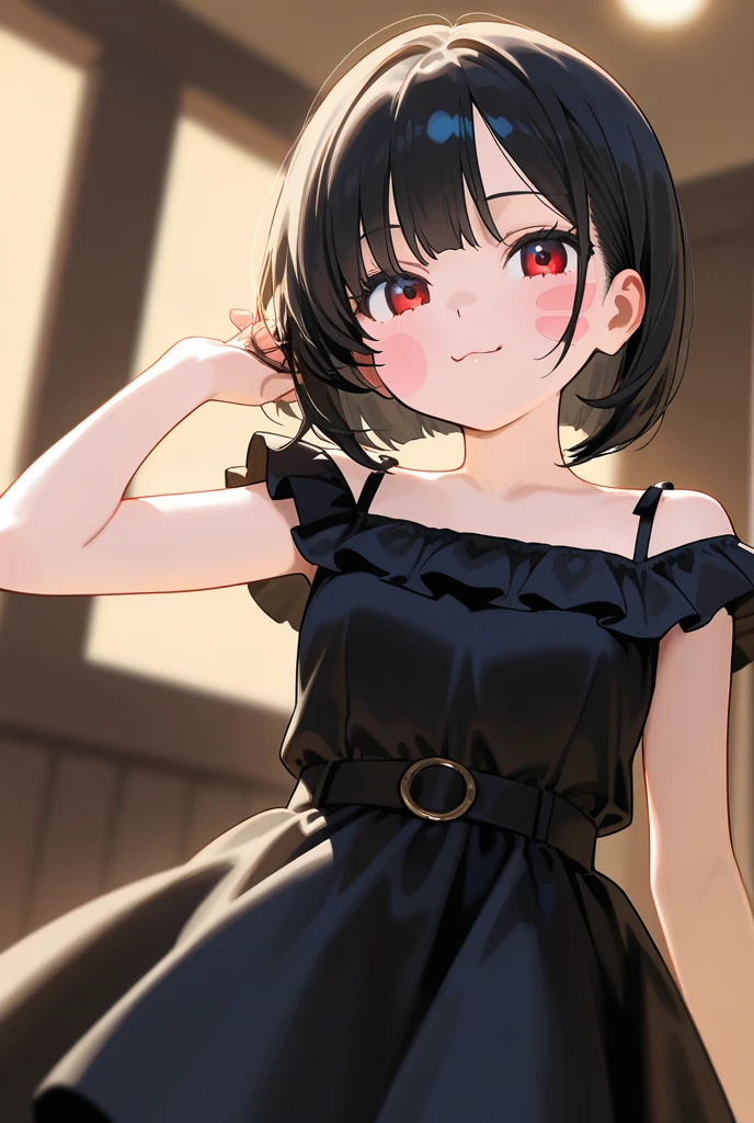 best quality, beautiful, hair tie, 8K, happy face, side body, head tilt look view, black eyes, slim, dress, earrings, choker, concept, red background