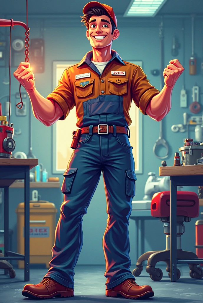 Make a Disney-style drawing of a mechanic wearing a blue jumpsuit and holding a screwdriver in his hand. 