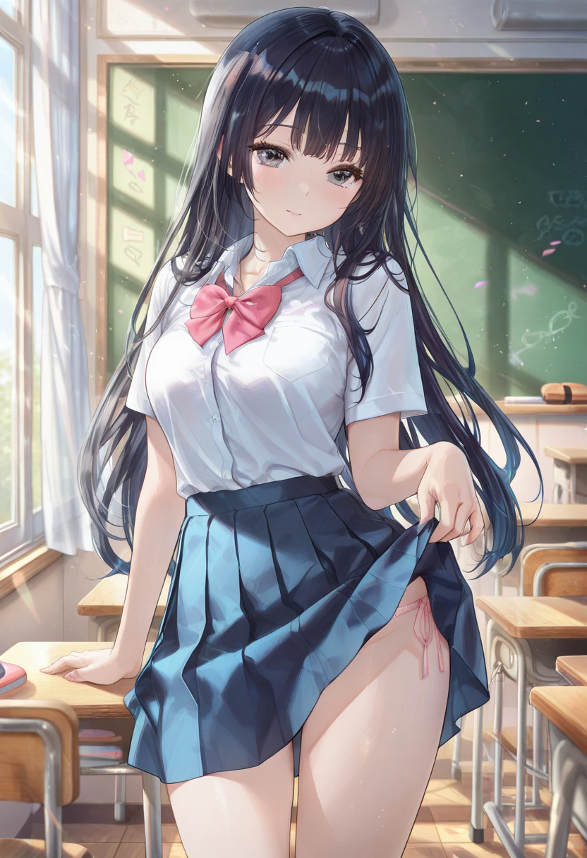 Grabbing a dildo inserted in her pussy, Pleated skirt, My Room, (Angry face, blush, Sweat), standing, navy long hair, Big Breasts