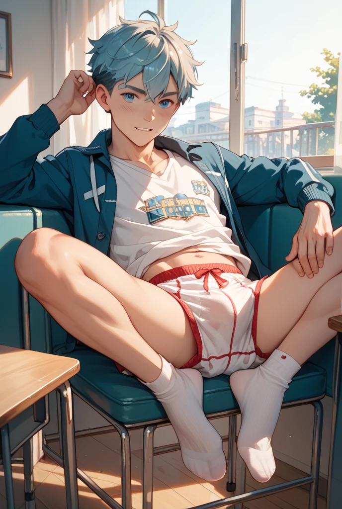 1 boy ，Libido boy，20yr old，Handsome，Raised sexy，k hd， tmasterpiece，8K，White thong，bare full body，white short socks，massive bulge，A sexy pose，Trembling，full-body view