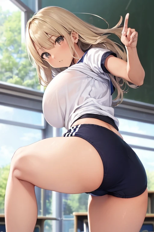 (((Spread your legs、Shooting from below))、(((Accentuate your breasts、Shiny underwear)))、Highest quality, 8k, masterpiece :1.3)), whole body, Sharp focus :One Girl,Glowing Skin,Sexy pose,Highest quality,Tabletop,shape,Very delicate and beautiful,Hmph,8k壁紙,wonderful,In detail,Official Art,Very detailedなティッカーUnity 8k壁紙,Unbelievably ridiculous,Large file size,Very detailedな,High resolution,Very detailed,Beautiful detailed girl,Realistic,X-ray,The queue is full,(((Gym suit、Bloomers)))、(((Big Breasts、blonde)))、(((gym、During class、School)))、Stand upright、Cleavage , ((Long golden hair、loosesocks))、Uniform Blazer、exy pose、Hairstyle: Short bob、both hands、White loose socks、brm