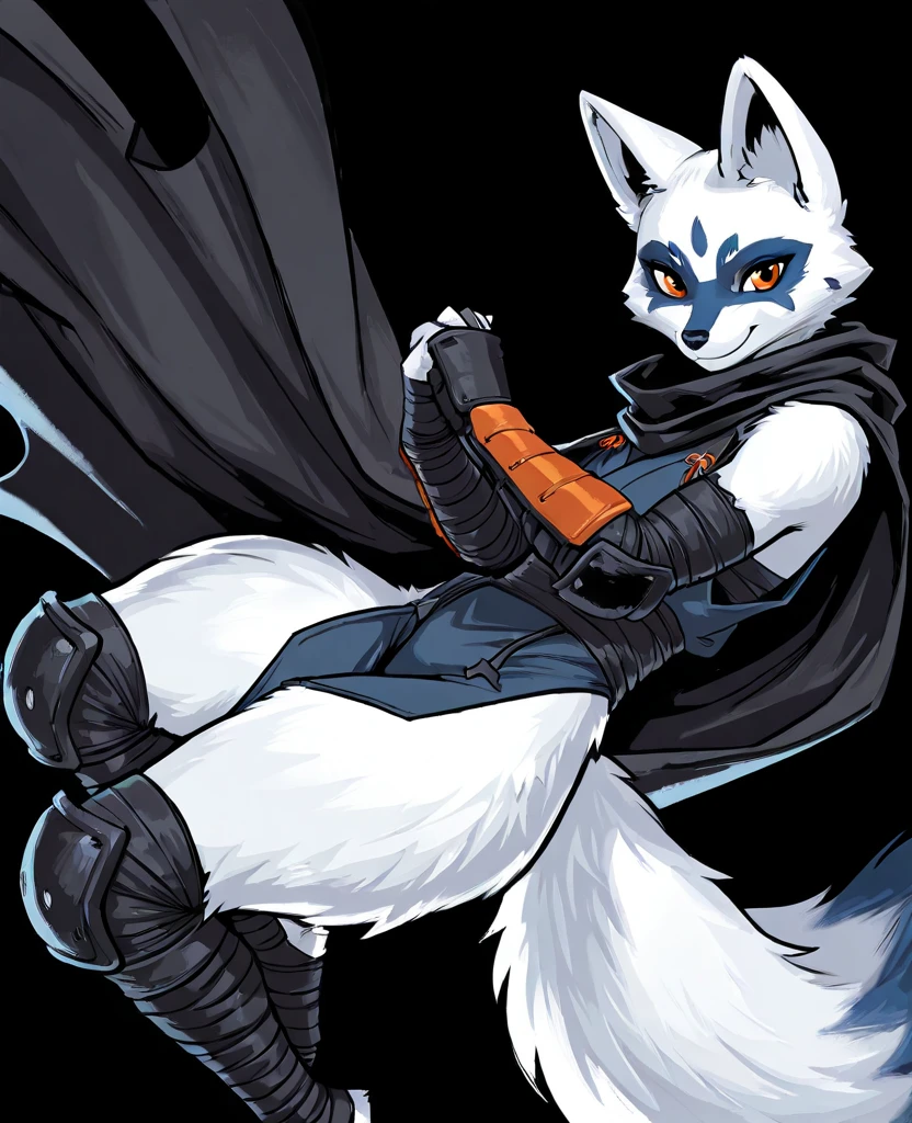 Alopex, arctic fox, furry, blue marks face, tmnt, serious look, orange eyes, girl1, solo, city, black cloak, black bandage, fox tail, black shorts, ninja sickles, holding sickles 