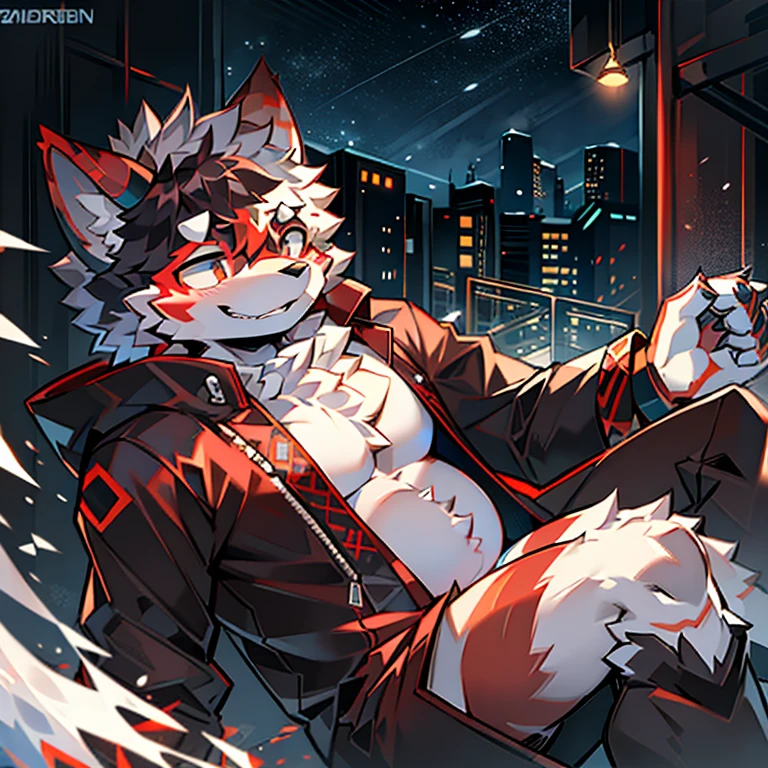 Best quality, Super detailed illustration, (furry wolf boy:1.4), masculine face and body, disheveled thick white anime hair, dark brown fur, detailed eyes, two-tone fur, strong six pack abs, shirtless, red pants, smug smile, half-closed eyes, against the background of the harbor, male, small waist, wide hips, slim, perfect body, style &quot;DND&quot;