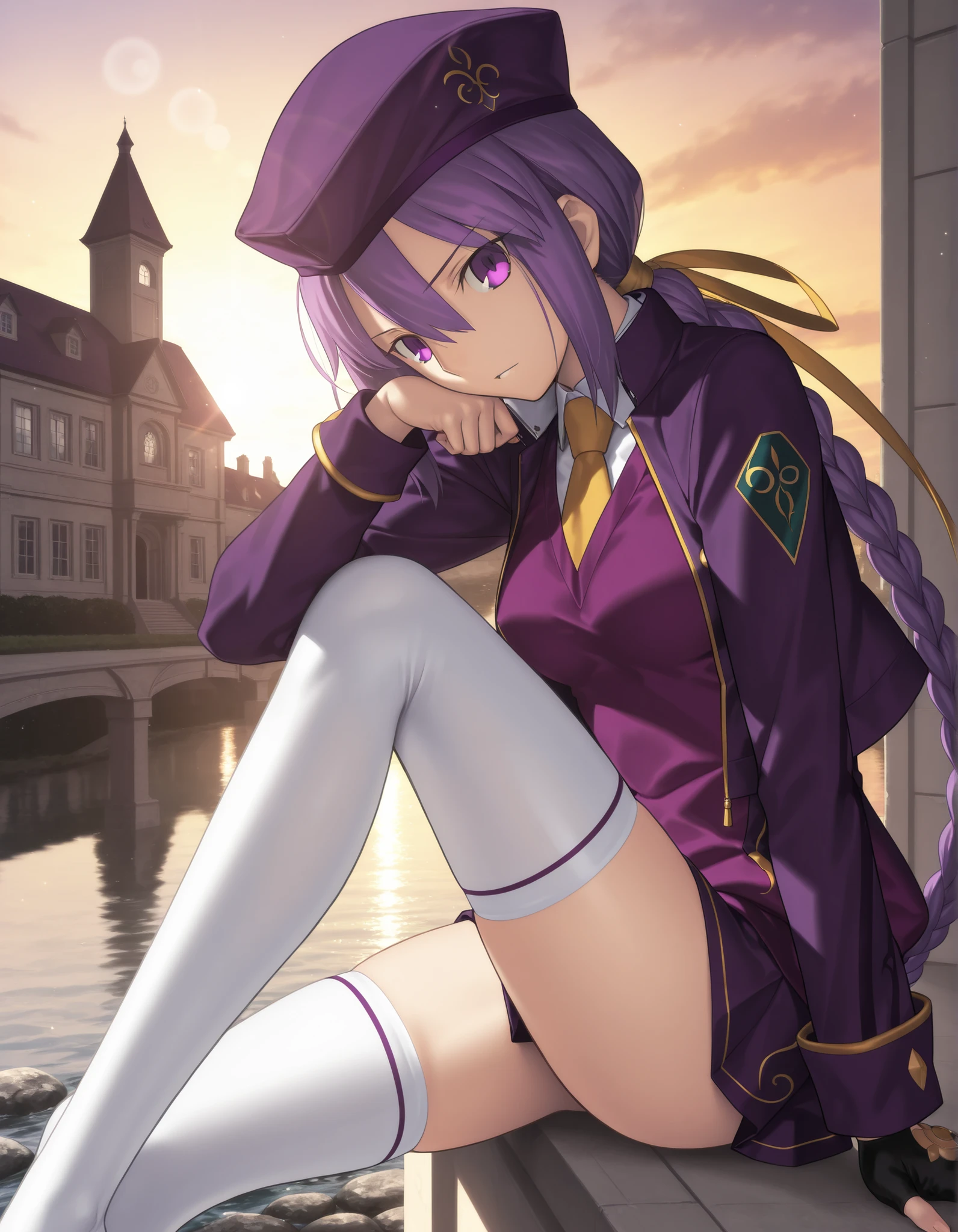 masterpiece, , absurdres, highres, detailed background, high resolution, masterpiece, necessary, detail, best quality, quality, necessary, details, High details, Precise, dark, outdoors, (mansion, ,river), lens flare, blurry background, ,
1girl, Takeuchi Takashi (type-moon,tsukihime) style, takeuchi takashi style,, (aged up) ,knee to chest, long legs, slim legs, ,
girl, (slender body, slim arms, slim bod), (Sion) Eltnum (Atlasia) ,sion eltnam atlasia,(fate), purple hair , purple eyes, tsurime, hair between eyes ,long bang, long hair , braided hair , braided ponytail , yellow ribbon , EltnumOutfit ,small breasts, light purple sweater , sweater vest , collared undershirt , white undershirt , undershirt , yellow necktie , dark purple cropped jacket , dark purple skirt , miniskirt , gold trim , white thighhighs , single glove , fingerless glove , black glove , dark purple beret , jacket ,(head tilt), looking at viewer ,,