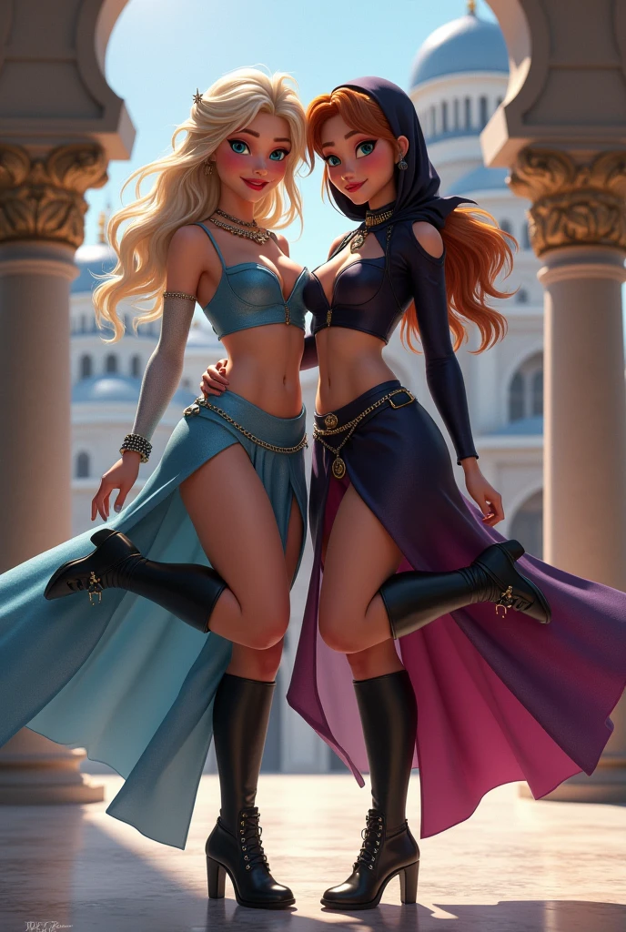 ((Full body photo, standing, feet on the ground)) score_9, score_8_up, score_7_up, score_6_up, 2girls, sexy pose, elsa (blonde hair, braids, leggings and gladiator sandals: 1.2) and jasmine (black hair, black outfit jasmine girl, panties, gladiator sandals,: 1.3), dimly lit dungeon, (tied, bound, sexy pose, hands above head, connected to rings on the wall: 1.4), rope, mouth gagged, breasts tied, legs spread, upside down, red faces, (cinematic lighting: 1.4). (Tied with jute rope:2), (tied with lots of rope, ankles tied, Legs tied, breasts tied, crotch rope:1,5). gag.