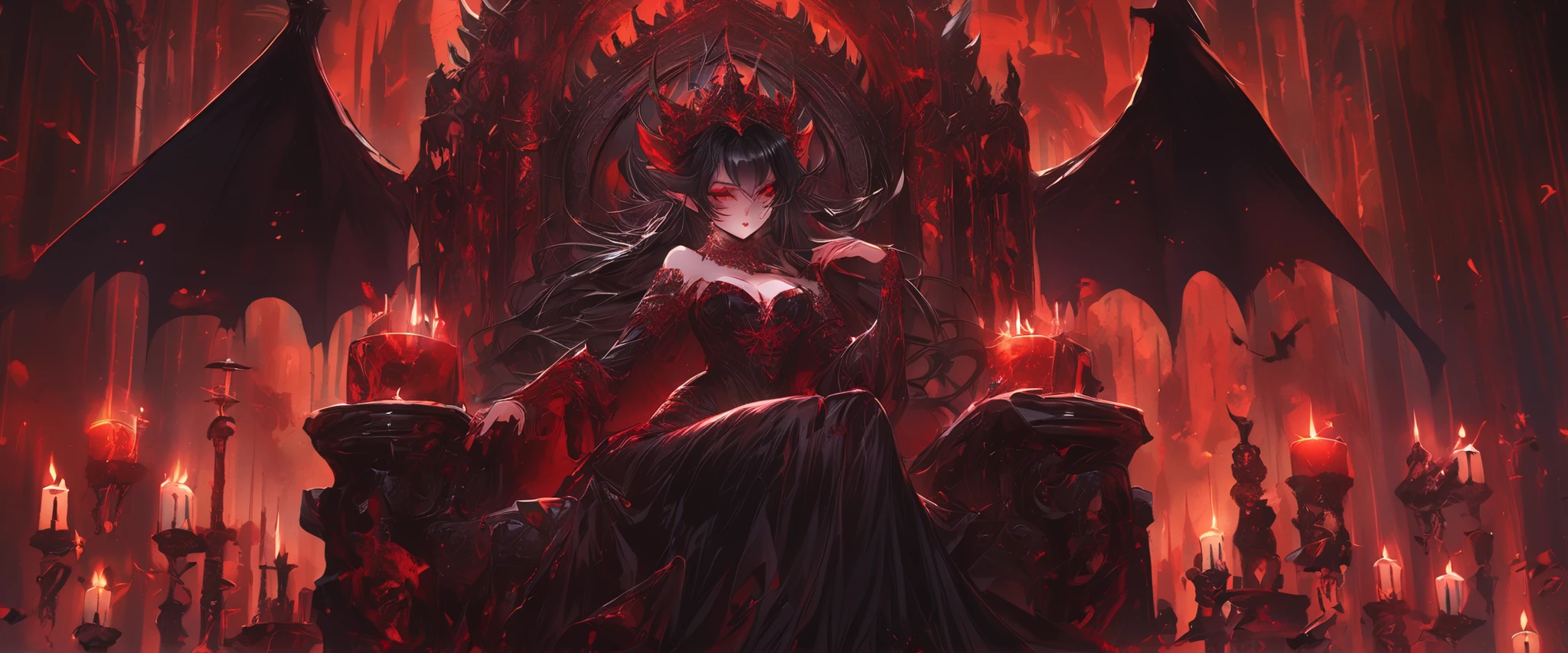 animation masterpiece! scene witch necromancer sitting on a throne [ prostrate warrior skeletons of pink fire](:cellshading:(anime)(manga)anime protagonist of a woman(DARK hair, light eyes, wearing a black astral dress, torn dress, ripped dress, high, short hair, , Dark witch, Astral Witch Clothing,, human :: sorceress, dark sorceress, anime woman, black fur wizard, witch clothes)