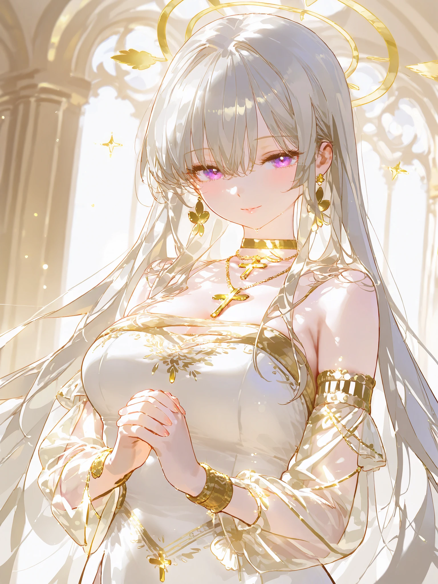 A beautiful silver-haired anime woman with glowing pale purple eyes, elegant and ethereal aura. She wears a revealing yet sacred white and gold priestess outfit — high slit, semi-transparent sleeves and chest area, golden holy symbols, and delicate light embroidery. Her expression is gentle and serene, yet subtly alluring. A faint halo above her head, and a cracked cross pendant hangs from her neck. She stands in a ruined cathedral bathed in divine light, hands gently clasped in prayer. Her beauty is divine, untouchable, like a flower from heaven, innocent yet dangerously seductive. Soft lighting, high detail, fantasy anime style.