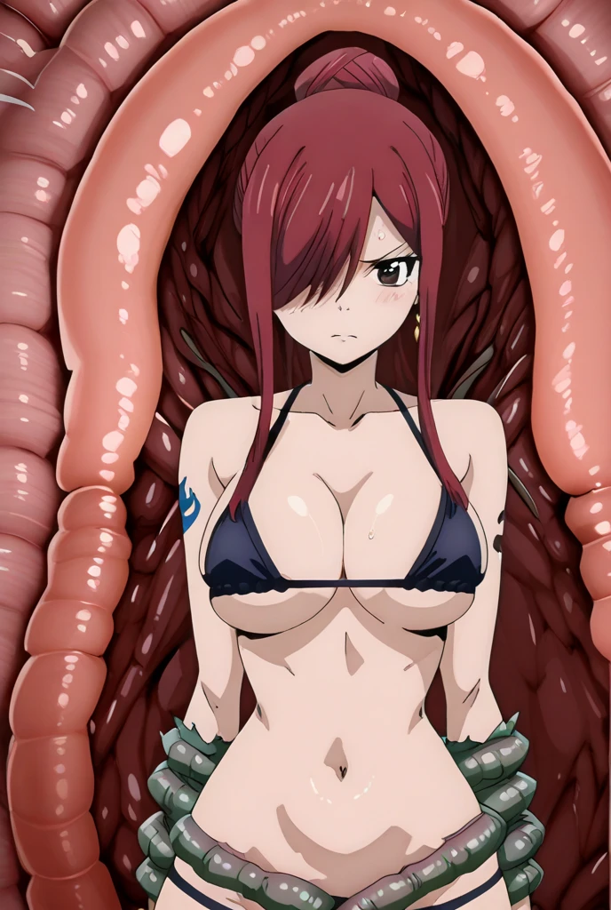mie-san, GLASSES, LONG HAIR, red hair, score_9, score_8_up, score_7_up, girl, lamia, red scales, fused at hip ,(classroom), smug face, extreme sweaty, red latex elbow glove, red underboob , textured skin, shiny skin, orgasm, 1girl, pussy, armpits full of sweat, small breasts, sexy pose, standing