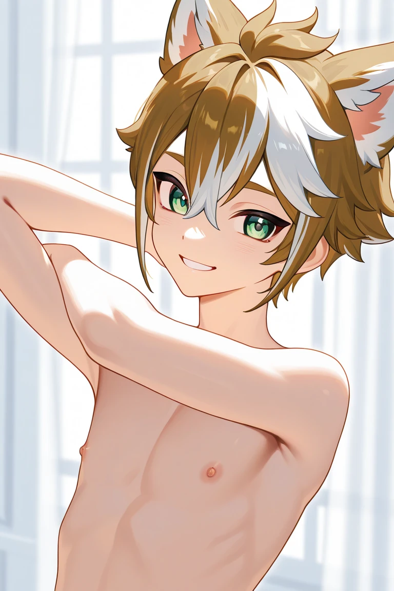 1girl,animal ears,blonde hair,ahoge,emerald green eyes,masterpiece,small breasts,pupils,no text,score_9,source_anime,anime coloring,best quality,uncensored,prefect lighting,very aesthetic,anime,ultra detailed,8k,(realistic:0.8),highly detailed,physics-based rendering,cinematic lighting,dynamic angle,(official art:0.8),detailed face,detail body,realistic skin,(beautiful eyes:1.1),detail eyes,girl,bishoujo,(flat chest:0.9),10yo,five elementary school girls.flying on the bed and looking at me. They are my mistresses,(judo wear:1.3),((no clothes:1.5)),(((small breasts:1.3))),(multicolored hair:1.3),(evil grin:1.3),(wet:1.3)